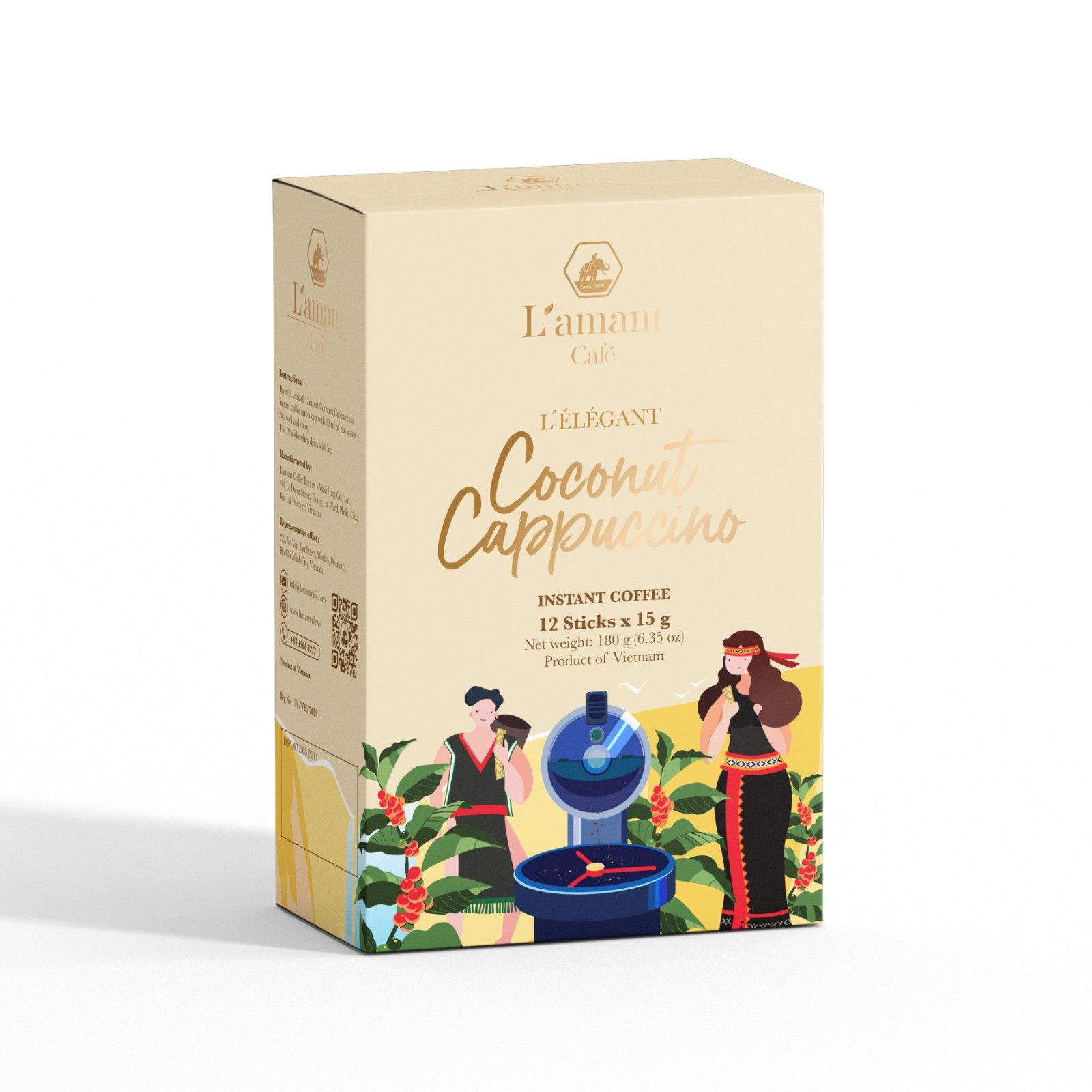  Cà phê hòa tan vị dừa L'amant Coconut Cappuccino (Hộp 12 gói x 15 gr) 