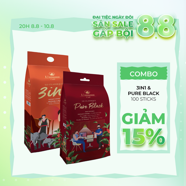  Combo 01 cà phê sữa hòa tan 3IN1 (Túi 100 sticks) và 01 cà phê đen hòa tan (Túi 100 sticks) 