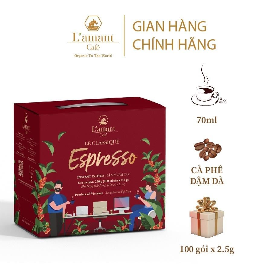  Cà phê hòa tan đen Espresso - L'amant Espresso Instant Coffee (Hộp 250 g - 100 Gói) 