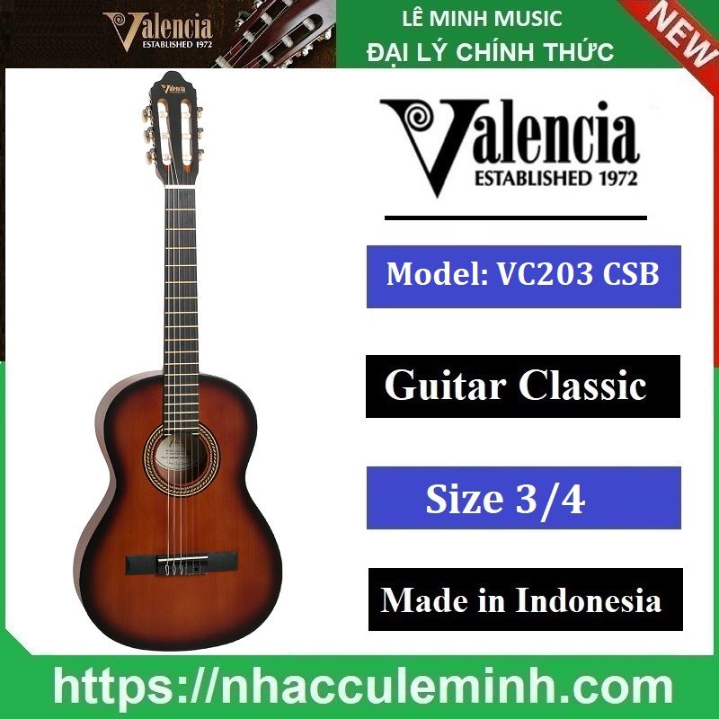 Đàn Guitar Classic Valencia VC 203 CSB (size 3/4)