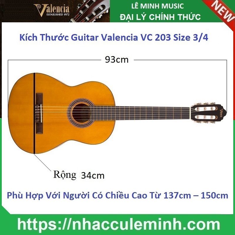 Đàn Guitar Classic Valencia VC 203 H (size 3/4)