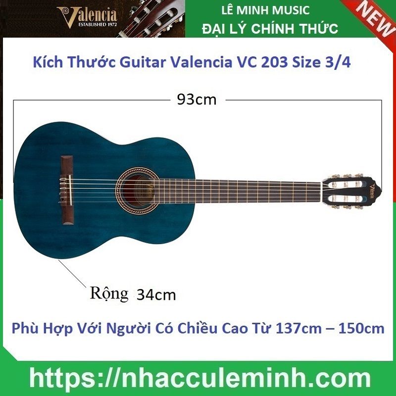 Đàn Guitar Classic Valencia VC 203 TBU (size 3/4)