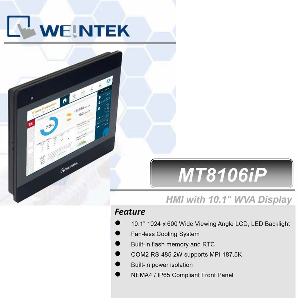 [10 INCH - MT8106iP] Màn hình cảm ứng HMI Weintek MT8000iP 10 Inch Màu RS232, RS422, RS485, LAN