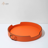 Khay đựng tròn cam bằng da PU chi tiết đai trên viền khay
