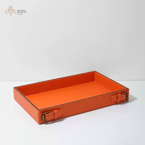 Khay đựng chữ nhật cam bằng da PU chi tiết đai trên viền khay
