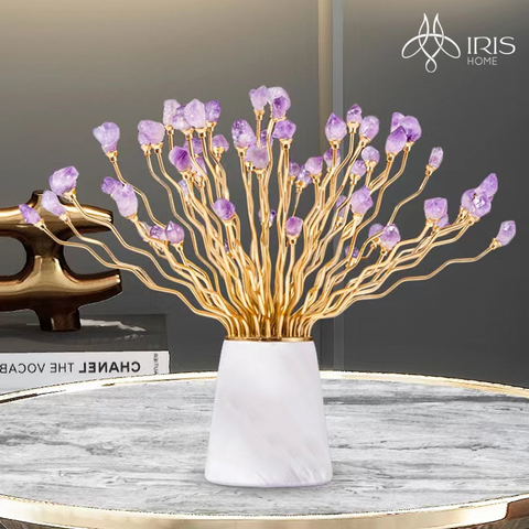 Tượng trang trí thạch anh tím tự nhiên khung đồng kết hợp chân đá marble trắng