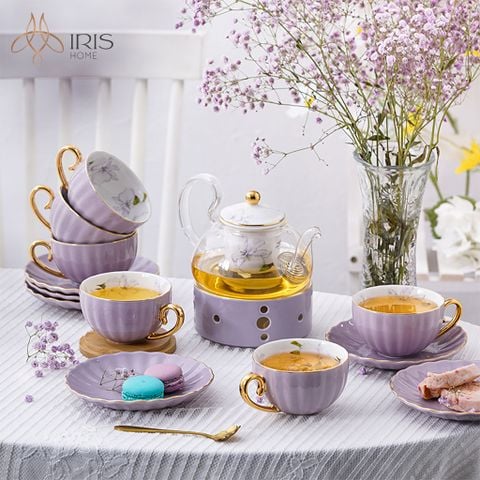 Bộ ấm chén gốm sứ họa tiết màu tím