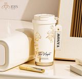 Cốc nước có nắp hoạ tiết hoa linh lan ánh vàng