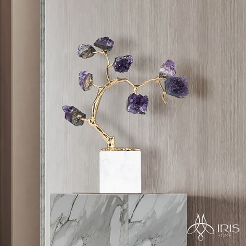 Tượng trang trí thạch anh tím tự nhiên khung đồng kết hợp chân đá marble trắng