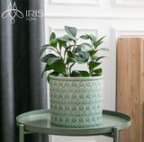 Chậu cây tròn gốm sứ men bóng hoạ tiết đường cong nổi đối xứng