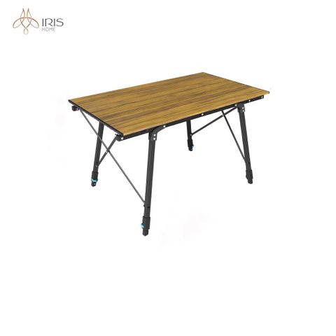 Bàn ngoài trời bằng hợp kim, mặt bàn cuốn rời vân gỗ, chân có thể thay đổi chiều cao