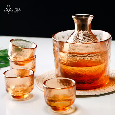 Bộ nậm rượu sake thuỷ tinh cam nâu