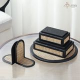 Khay đựng tròn chi tiết da và mây tre đan