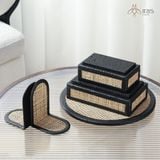 Hộp đựng chi tiết da và mây tre đan, nắp đá travertine