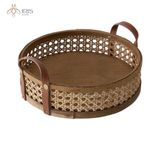 Khay đựng tròn mây tre đan chi tiết da