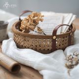 Khay đựng tròn mây tre đan chi tiết da