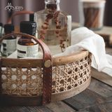 Khay đựng tròn mây tre đan chi tiết da