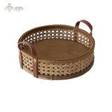 Khay đựng tròn mây tre đan chi tiết da
