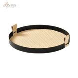 Khay đựng tròn sắt uốn da đan màu vàng