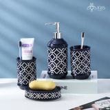 Bộ vệ sinh 4 món gốm sứ hoạ tiết trắng trên nền xanh đậm