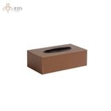 Hộp giấy chữ nhật gỗ, bề mặt da dệt màu cafe. Chi tiết kim loại