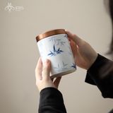 Bộ ấm trà gốm sứ hoạ tiết lá tre vẽ tay