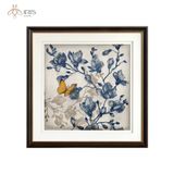 Tranh in trên canvas hoa xanh vàng nền trắng