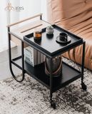Xe đẩy sắt uốn khay gỗ 2 tầng