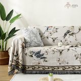 Chăn trải sofa hoạ tiết hoa và chim trên nền xám nhạt có tua rua