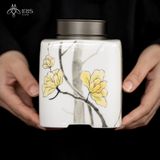 Hộp trà vuông gốm sứ chi tiết vẽ tay nắp nhôm