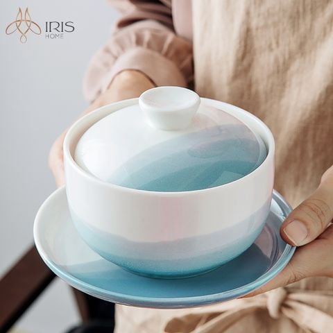 Bát có nắp gốm sứ gradient xanh da trời