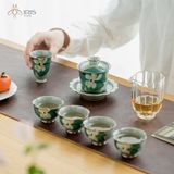 Bộ ấm trà men rạn 7 món hoạ tiết hoa sen và lá