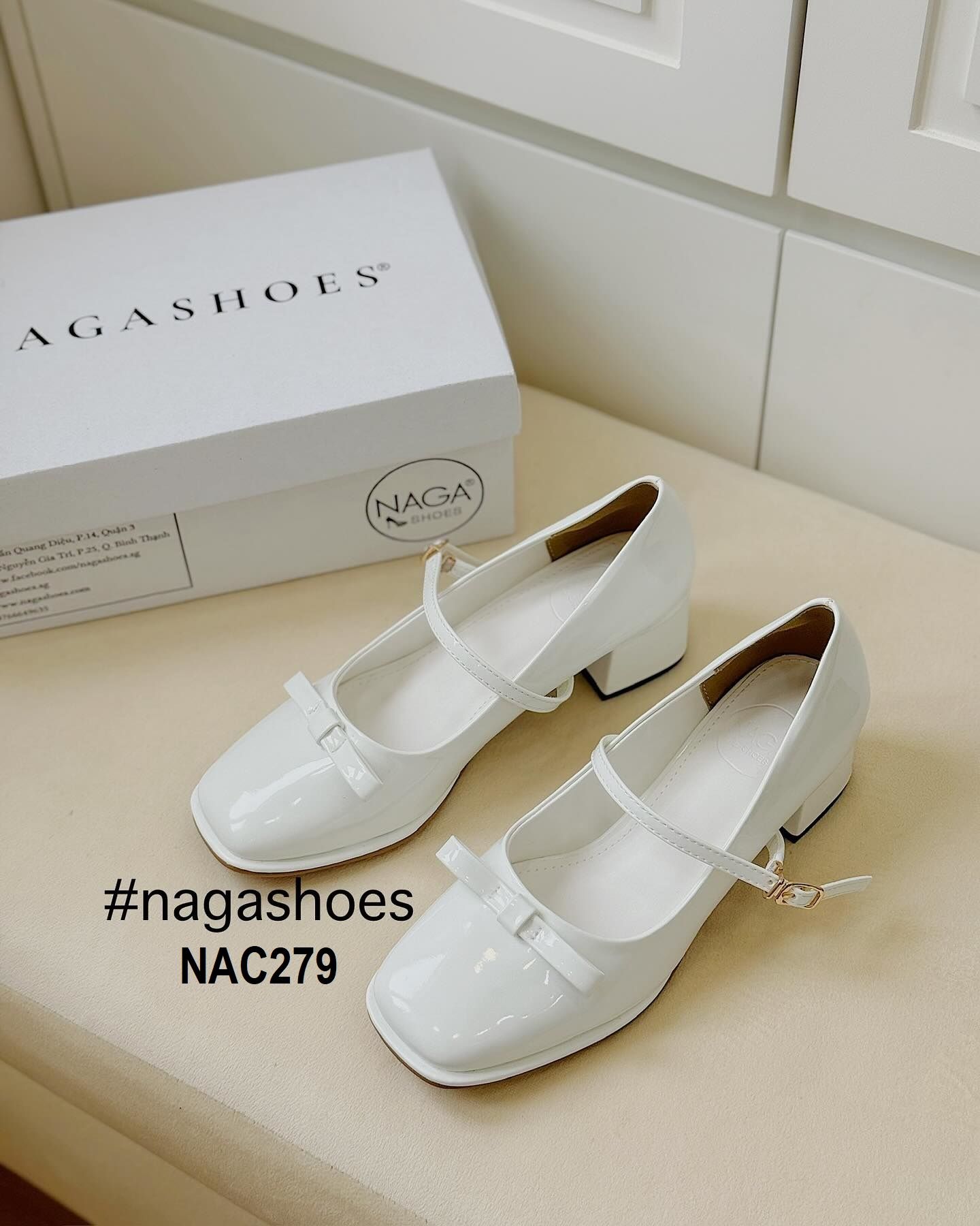  CAO GÓT  NAGASHOES MŨI VUÔNG DA BÓNG THẮT NƠ 4P NAC279 