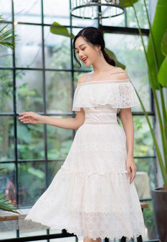 Đầm dạ hội trễ vai tùng xoè rộng, dạ hội, váy cô dâu-2 màu( trắng, đỏ) TVNN  - maxi.vn