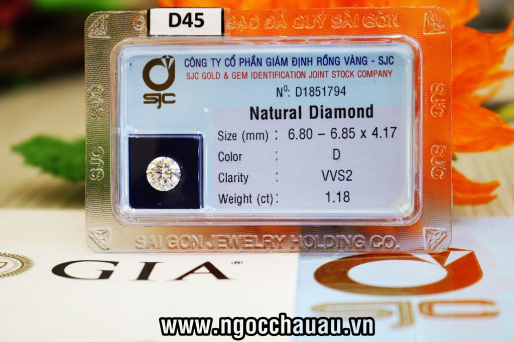  D45-Kim Cương Thiên Nhiên 6.80-6.85x4.17mm; 1.18ct; D/VVS2 (GIA 6265758955 - SJC D1851794) 