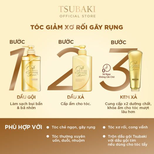  Dầu Gội/Xả Phục Hồi Tóc Hư Tồn Không Chứa Silicon TSUBAKI Premium Repair Vàng 490ml 