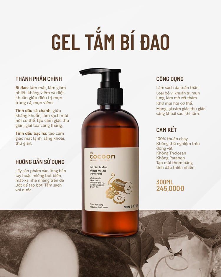  GEL TẮM BÍ ĐAO Trị Mụn Lưng COCOON Winter Melon Shower Gel - 300ml 