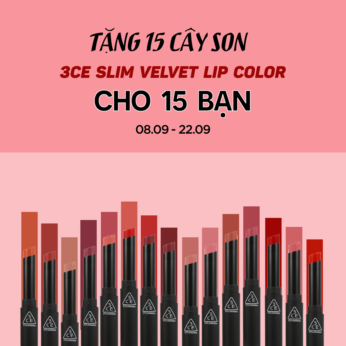 Bici Cosmetics tặng 15 cây son3CE Slim Velvet Lip Color 