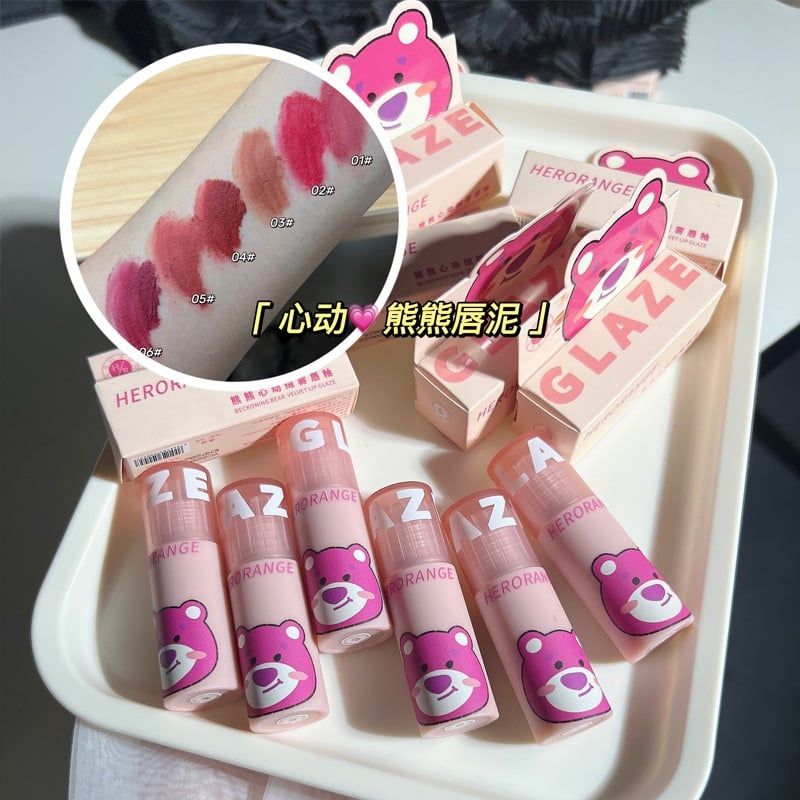  Son Kem Lì Không Dính Cốc Gấu Hồng HERORANGE Beckoning Bear Velvet Lip Glaze 