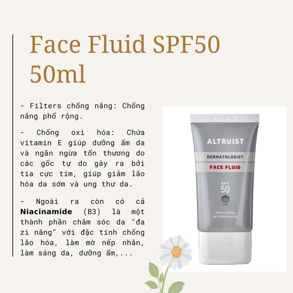  Kem Chống Nắng Ngăn Ngừa Lão Hóa Cho Da Nhạy Cảm ALTRUIST DERMATOLOGIST FACE FLUID SPF50 50ML 