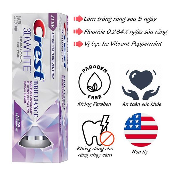  Kem Đánh Răng Trắng Răng Gấp 3 Lần CREST 3D White Brilliance Vibrant Peppermint - 110g 