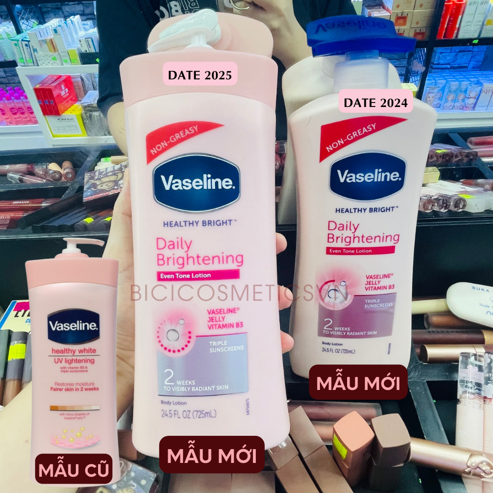  (Mẫu MỚI) Sữa Dưỡng Thể VASELINE Dưỡng Da Trắng Hồng Không Bết Rít Healthy Bright Daily Brightening Even Tone Lotion Non Greasy 725ml 