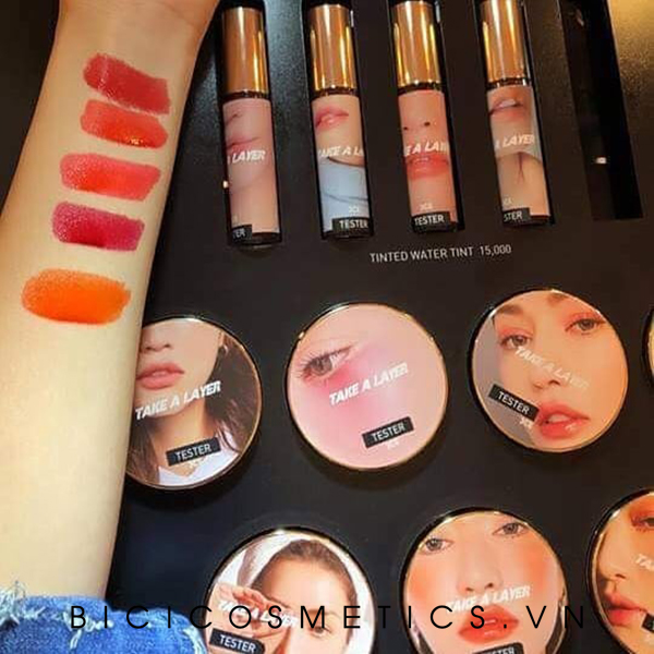 Son 3CE Take A Layer Tinted Water Tint với 5 màu thiên về sắc cam và đỏ