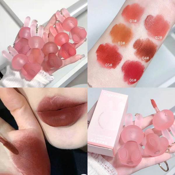  Son Kem Móc Khóa Thỏ Hồng GEGE BEAR Cute Rabbit Velvet Lip Mud Nội Địa Trung 