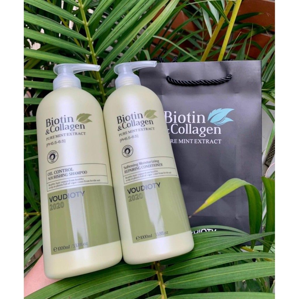  Combo Dầu Gội Xả Kiểm Soát Dầu Nhờn và Dưỡng Ẩm Biotin & Collagen Pure Mint Extract Softening Moisturizing Xanh Lá 1000ml (kèm túi giấy) 