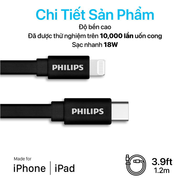 Cáp sạc Philips Type C to Lightning chuẩn MFI 1.2M DLC7546