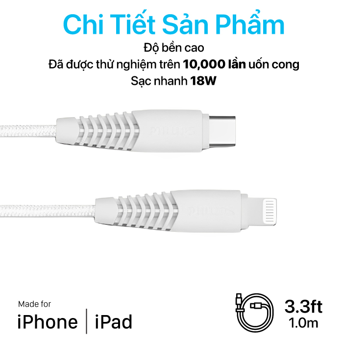 Cáp sạc Philips Type C to Lightning chuẩn MFI 1.0M DLC5541