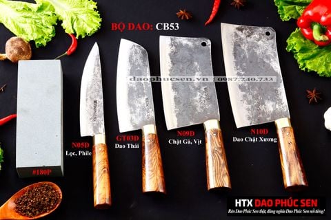 BỘ DAO BẾP CB53 cán cẩm khâu đồng + ĐÁ MÀI