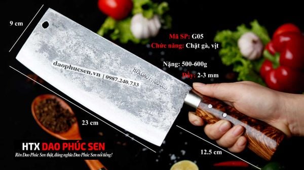 Dao chặt gà sắc bén - Thép nhíp ô tô - Cán gỗ tự nhiên khâu inox - G05 / DAO VIP - HTX DAO PHÚC SEN