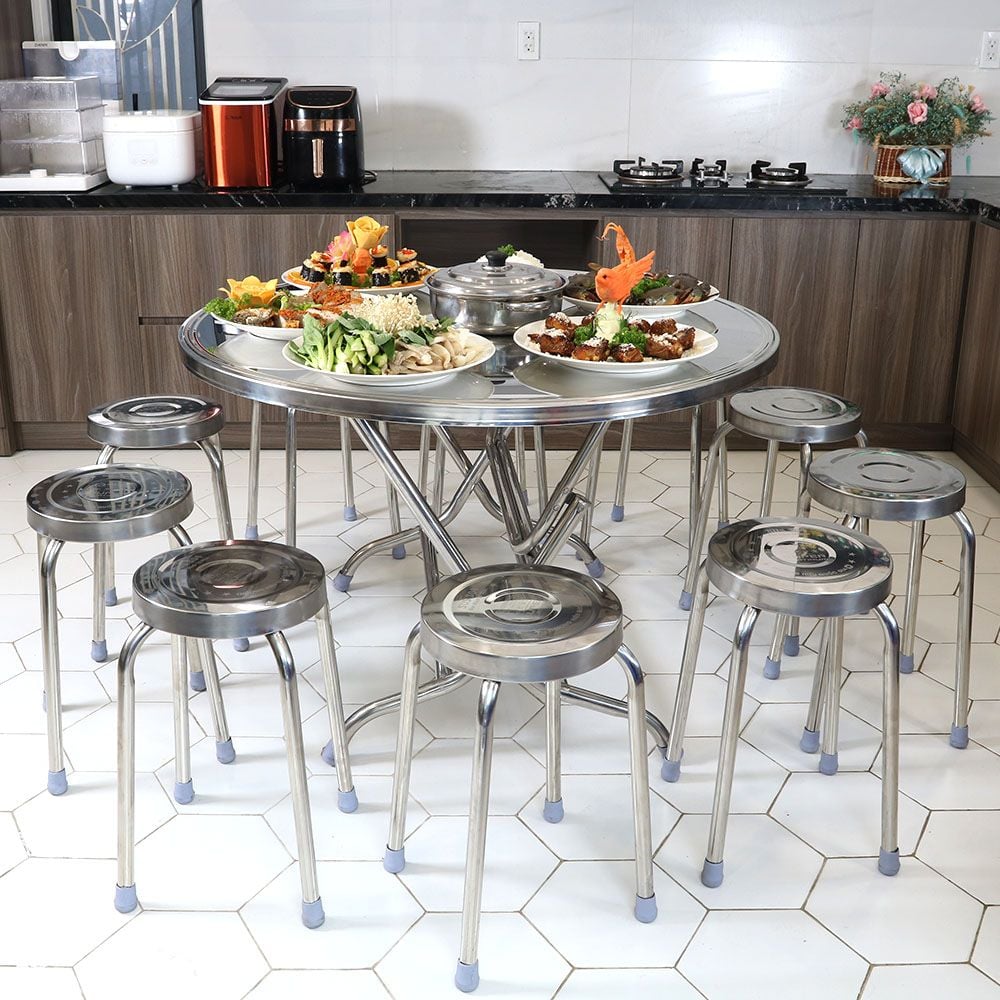  Bộ bàn tròn inox SUPER 1m2 10 ghế đẩu 